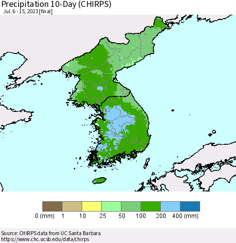 Korea Precipitation 10-Day (CHIRPS) Thematic Map For 7/6/2023 - 7/15/2023