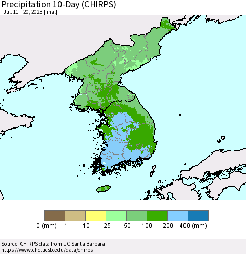 Korea Precipitation 10-Day (CHIRPS) Thematic Map For 7/11/2023 - 7/20/2023