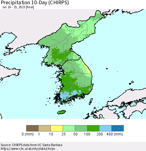 Korea Precipitation 10-Day (CHIRPS) Thematic Map For 7/16/2023 - 7/25/2023