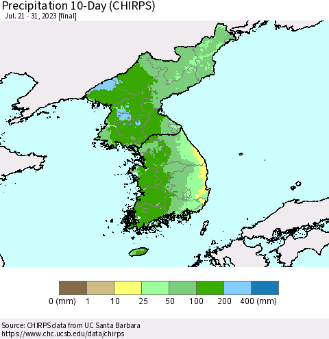 Korea Precipitation 10-Day (CHIRPS) Thematic Map For 7/21/2023 - 7/31/2023