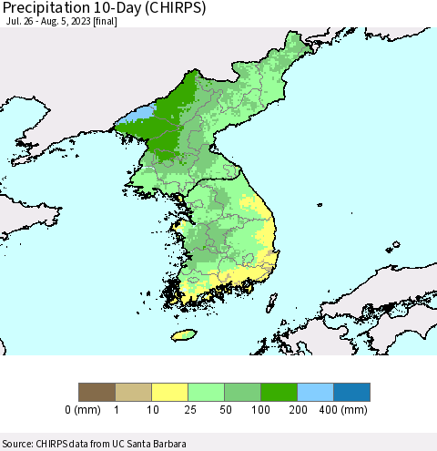 Korea Precipitation 10-Day (CHIRPS) Thematic Map For 7/26/2023 - 8/5/2023