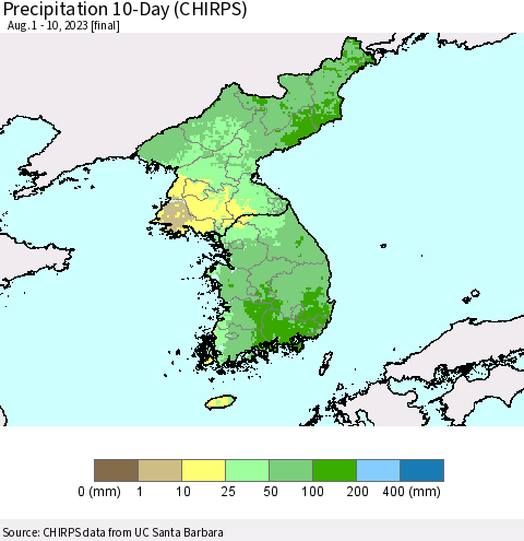 Korea Precipitation 10-Day (CHIRPS) Thematic Map For 8/1/2023 - 8/10/2023