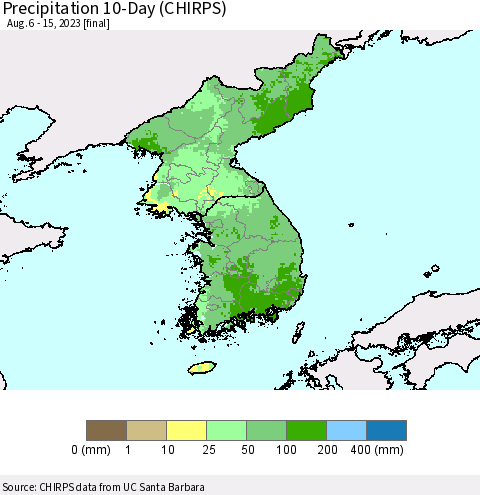 Korea Precipitation 10-Day (CHIRPS) Thematic Map For 8/6/2023 - 8/15/2023