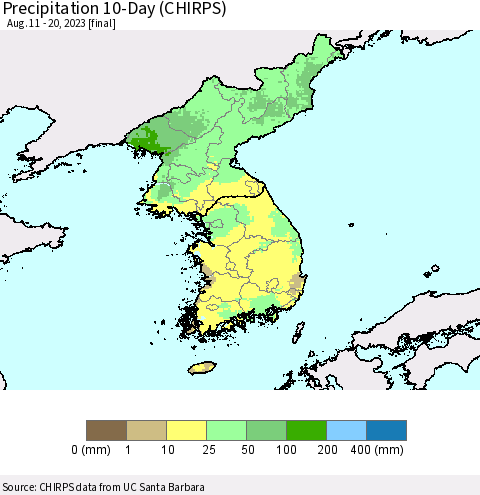Korea Precipitation 10-Day (CHIRPS) Thematic Map For 8/11/2023 - 8/20/2023
