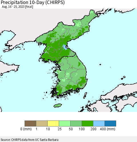 Korea Precipitation 10-Day (CHIRPS) Thematic Map For 8/16/2023 - 8/25/2023