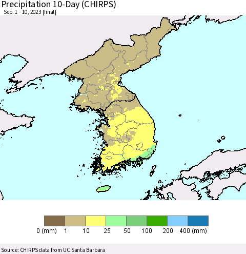 Korea Precipitation 10-Day (CHIRPS) Thematic Map For 9/1/2023 - 9/10/2023