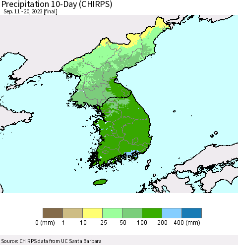 Korea Precipitation 10-Day (CHIRPS) Thematic Map For 9/11/2023 - 9/20/2023