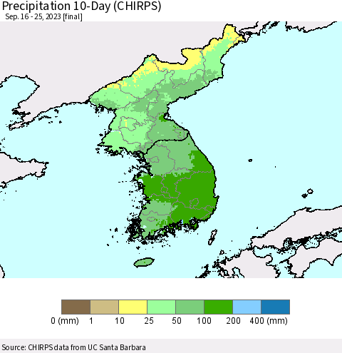 Korea Precipitation 10-Day (CHIRPS) Thematic Map For 9/16/2023 - 9/25/2023