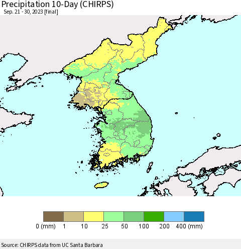 Korea Precipitation 10-Day (CHIRPS) Thematic Map For 9/21/2023 - 9/30/2023