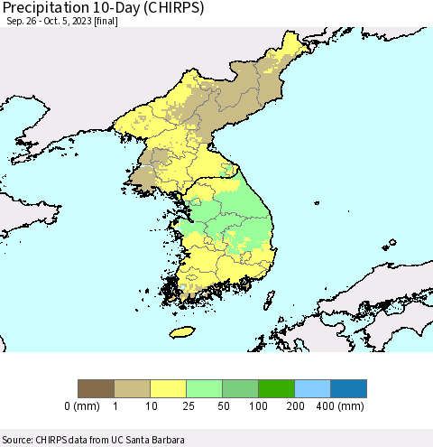 Korea Precipitation 10-Day (CHIRPS) Thematic Map For 9/26/2023 - 10/5/2023