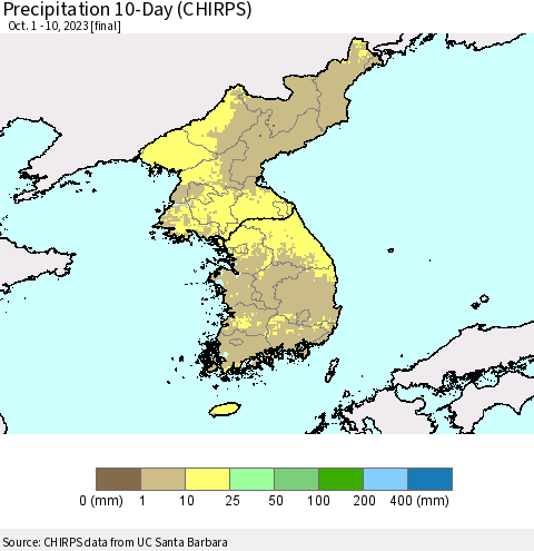 Korea Precipitation 10-Day (CHIRPS) Thematic Map For 10/1/2023 - 10/10/2023