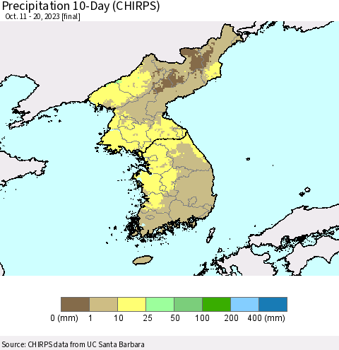 Korea Precipitation 10-Day (CHIRPS) Thematic Map For 10/11/2023 - 10/20/2023