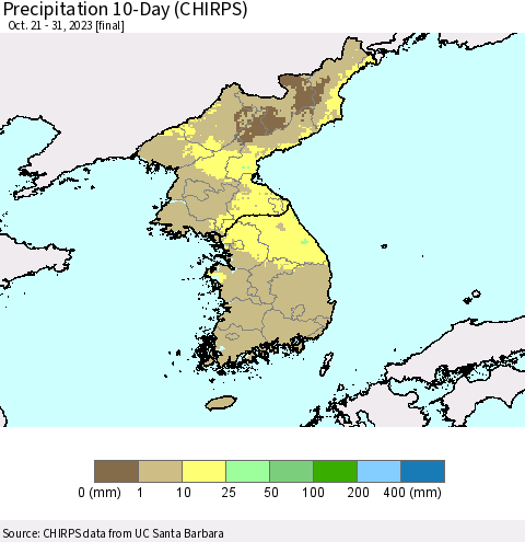 Korea Precipitation 10-Day (CHIRPS) Thematic Map For 10/21/2023 - 10/31/2023