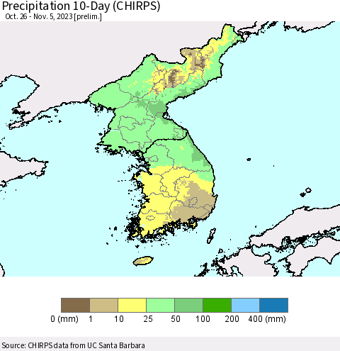 Korea Precipitation 10-Day (CHIRPS) Thematic Map For 10/26/2023 - 11/5/2023