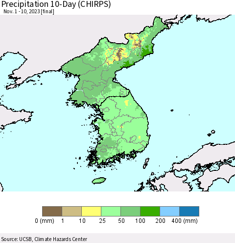 Korea Precipitation 10-Day (CHIRPS) Thematic Map For 11/1/2023 - 11/10/2023