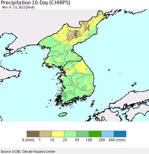 Korea Precipitation 10-Day (CHIRPS) Thematic Map For 11/6/2023 - 11/15/2023