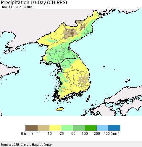 Korea Precipitation 10-Day (CHIRPS) Thematic Map For 11/11/2023 - 11/20/2023
