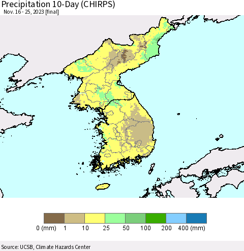 Korea Precipitation 10-Day (CHIRPS) Thematic Map For 11/16/2023 - 11/25/2023