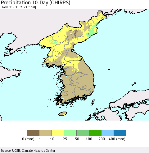 Korea Precipitation 10-Day (CHIRPS) Thematic Map For 11/21/2023 - 11/30/2023