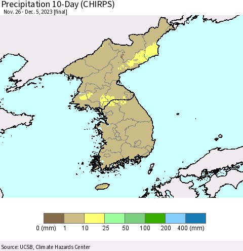 Korea Precipitation 10-Day (CHIRPS) Thematic Map For 11/26/2023 - 12/5/2023