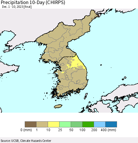 Korea Precipitation 10-Day (CHIRPS) Thematic Map For 12/1/2023 - 12/10/2023