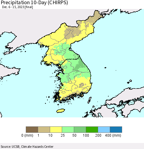 Korea Precipitation 10-Day (CHIRPS) Thematic Map For 12/6/2023 - 12/15/2023