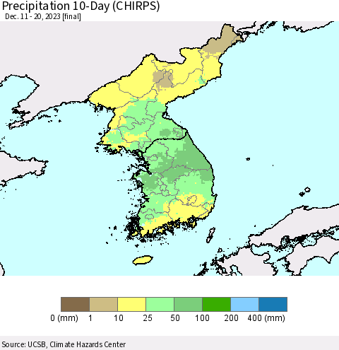 Korea Precipitation 10-Day (CHIRPS) Thematic Map For 12/11/2023 - 12/20/2023