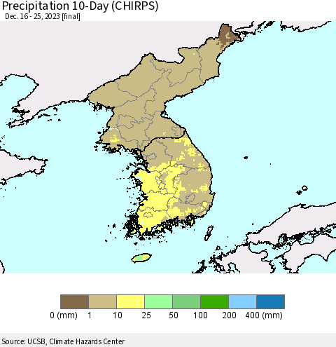 Korea Precipitation 10-Day (CHIRPS) Thematic Map For 12/16/2023 - 12/25/2023