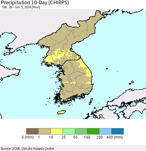 Korea Precipitation 10-Day (CHIRPS) Thematic Map For 12/26/2023 - 1/5/2024