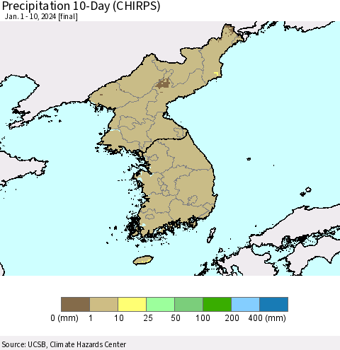 Korea Precipitation 10-Day (CHIRPS) Thematic Map For 1/1/2024 - 1/10/2024