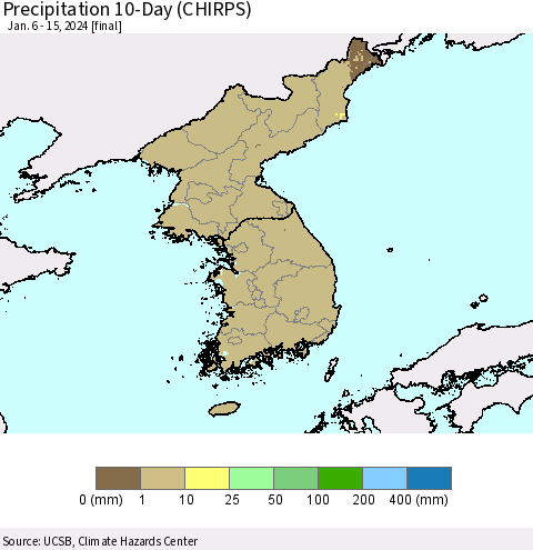 Korea Precipitation 10-Day (CHIRPS) Thematic Map For 1/6/2024 - 1/15/2024