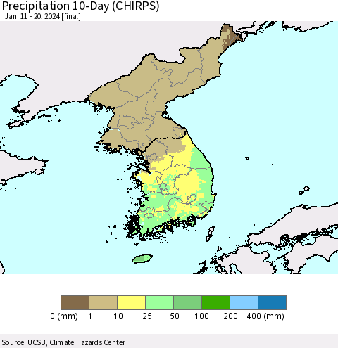 Korea Precipitation 10-Day (CHIRPS) Thematic Map For 1/11/2024 - 1/20/2024