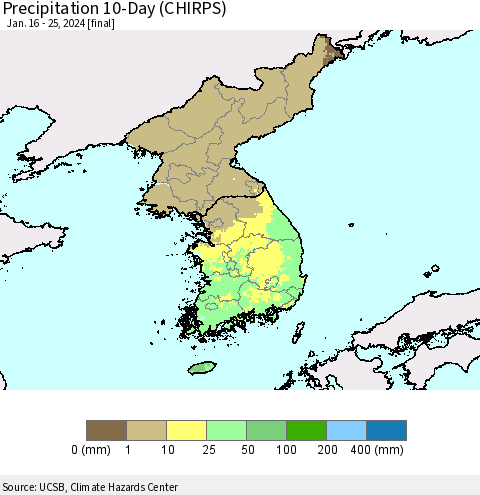 Korea Precipitation 10-Day (CHIRPS) Thematic Map For 1/16/2024 - 1/25/2024
