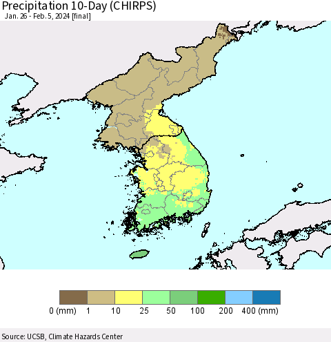 Korea Precipitation 10-Day (CHIRPS) Thematic Map For 1/26/2024 - 2/5/2024