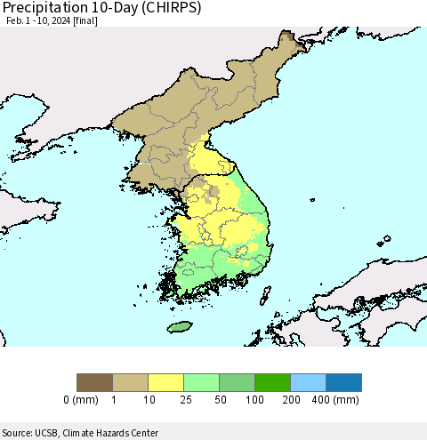 Korea Precipitation 10-Day (CHIRPS) Thematic Map For 2/1/2024 - 2/10/2024