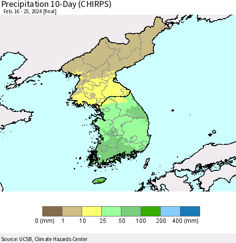 Korea Precipitation 10-Day (CHIRPS) Thematic Map For 2/16/2024 - 2/25/2024