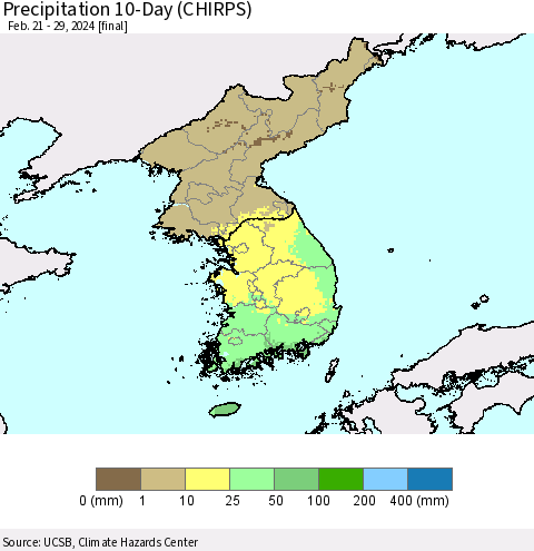 Korea Precipitation 10-Day (CHIRPS) Thematic Map For 2/21/2024 - 2/29/2024