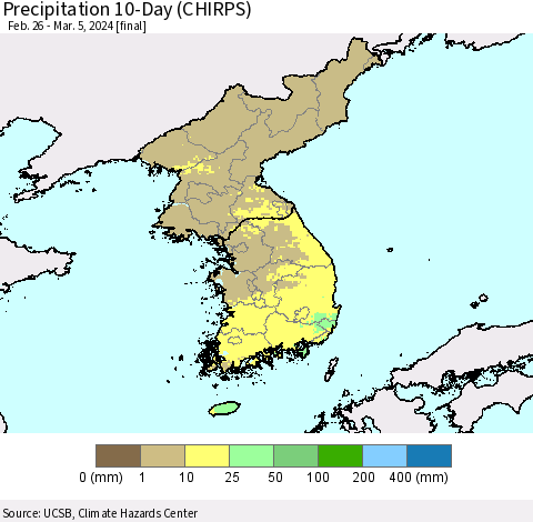 Korea Precipitation 10-Day (CHIRPS) Thematic Map For 2/26/2024 - 3/5/2024