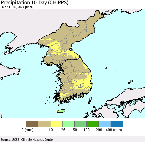 Korea Precipitation 10-Day (CHIRPS) Thematic Map For 3/1/2024 - 3/10/2024