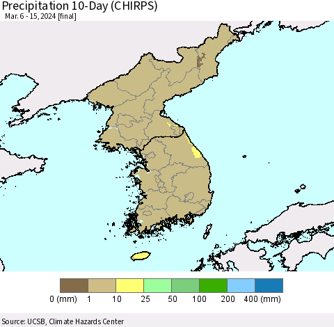 Korea Precipitation 10-Day (CHIRPS) Thematic Map For 3/6/2024 - 3/15/2024