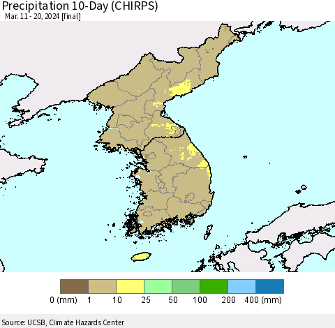 Korea Precipitation 10-Day (CHIRPS) Thematic Map For 3/11/2024 - 3/20/2024