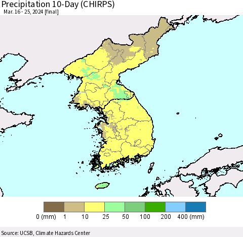 Korea Precipitation 10-Day (CHIRPS) Thematic Map For 3/16/2024 - 3/25/2024