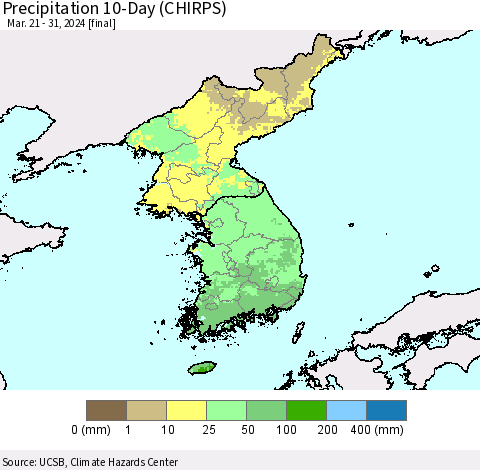 Korea Precipitation 10-Day (CHIRPS) Thematic Map For 3/21/2024 - 3/31/2024