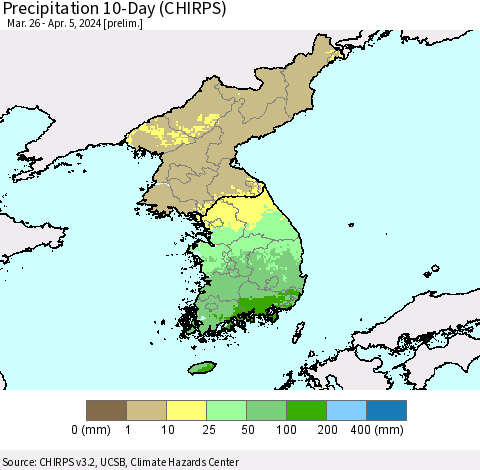 Korea Precipitation 10-Day (CHIRPS) Thematic Map For 3/26/2024 - 4/5/2024