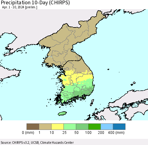 Korea Precipitation 10-Day (CHIRPS) Thematic Map For 4/1/2024 - 4/10/2024