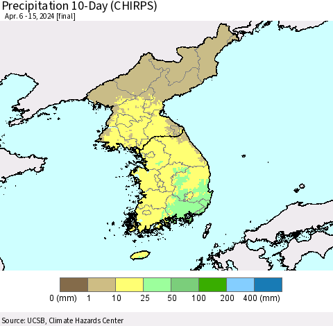 Korea Precipitation 10-Day (CHIRPS) Thematic Map For 4/6/2024 - 4/15/2024