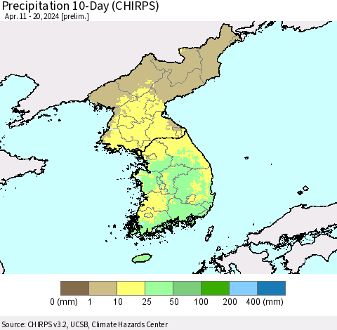Korea Precipitation 10-Day (CHIRPS) Thematic Map For 4/11/2024 - 4/20/2024