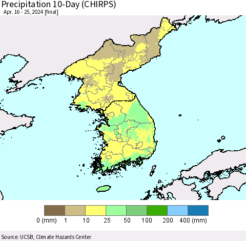 Korea Precipitation 10-Day (CHIRPS) Thematic Map For 4/16/2024 - 4/25/2024