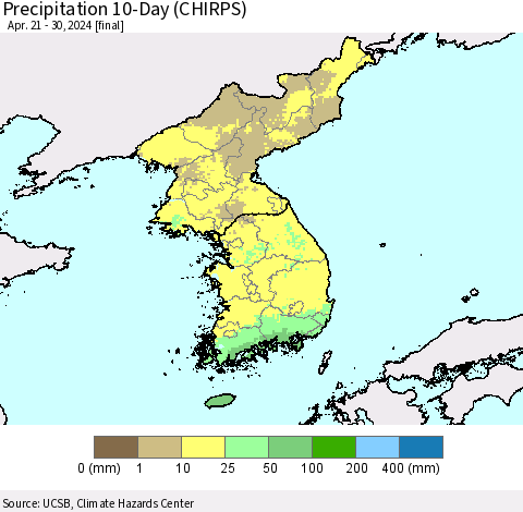 Korea Precipitation 10-Day (CHIRPS) Thematic Map For 4/21/2024 - 4/30/2024