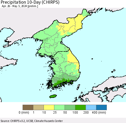 Korea Precipitation 10-Day (CHIRPS) Thematic Map For 4/26/2024 - 5/5/2024